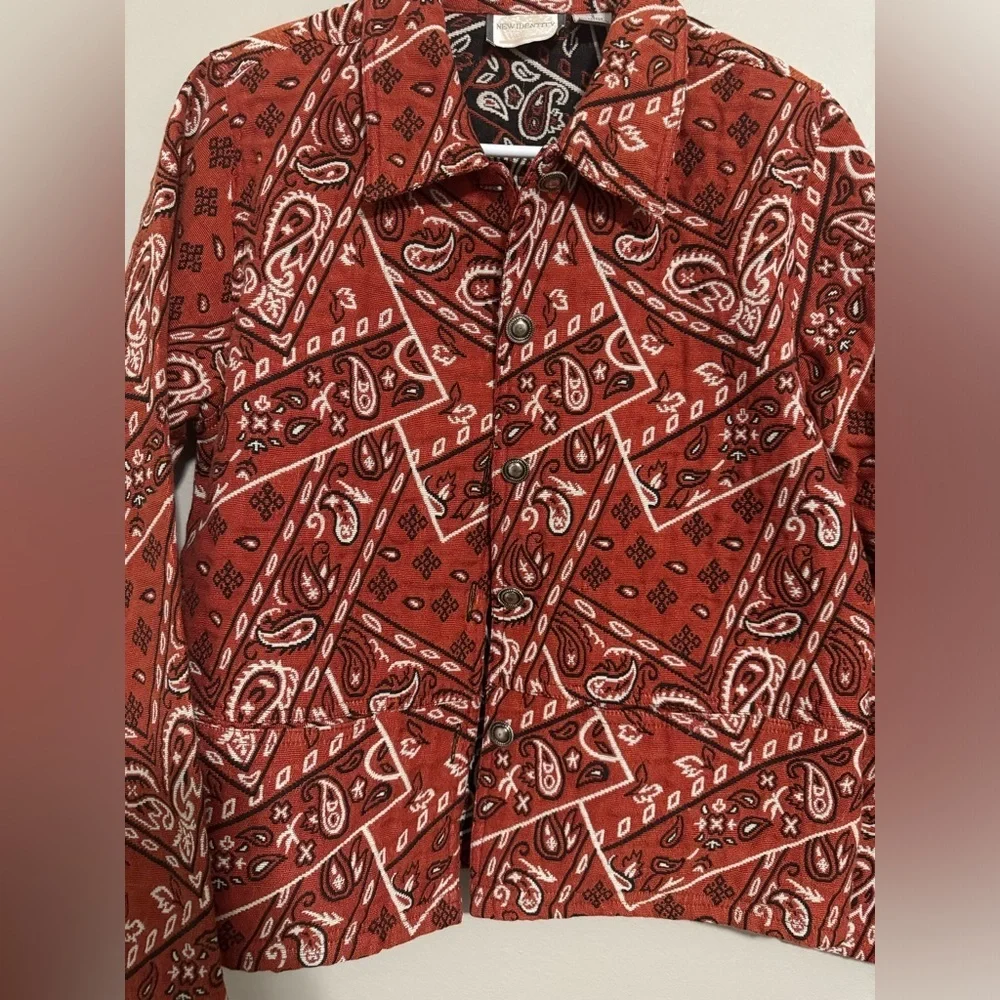 Rare Retro 90s Bandana Print Jacket Rust Red Western maximalist Rodeo small - Picture 3 of 13